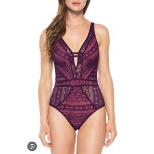 BECCA by Rebecca Virtue Purple Lace One Piece Swimsuit Small Crochet Mesh NWT